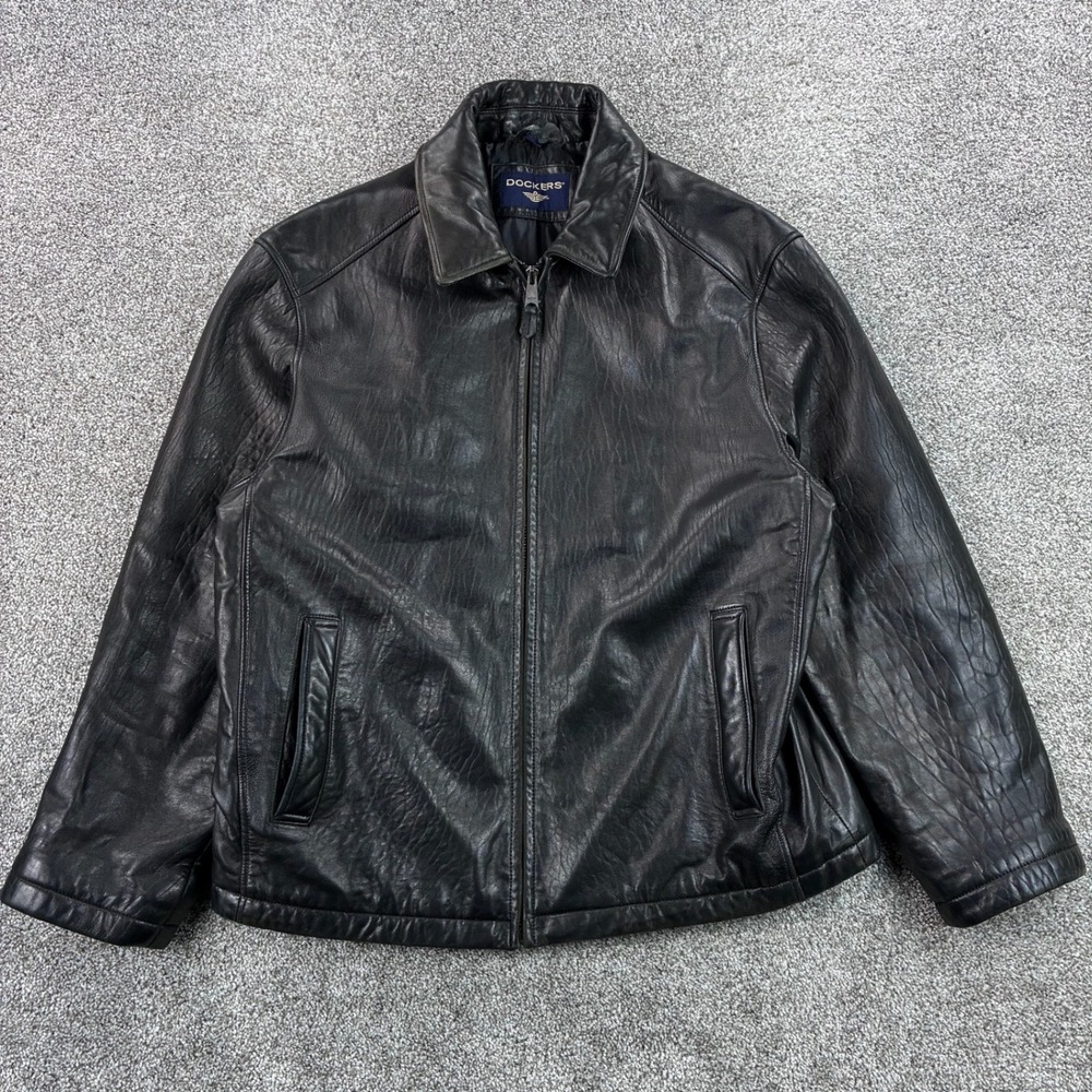 Vintage Dockersโ Leather Jacket Mens Large Black Full Zip Soft Lambskin Leather